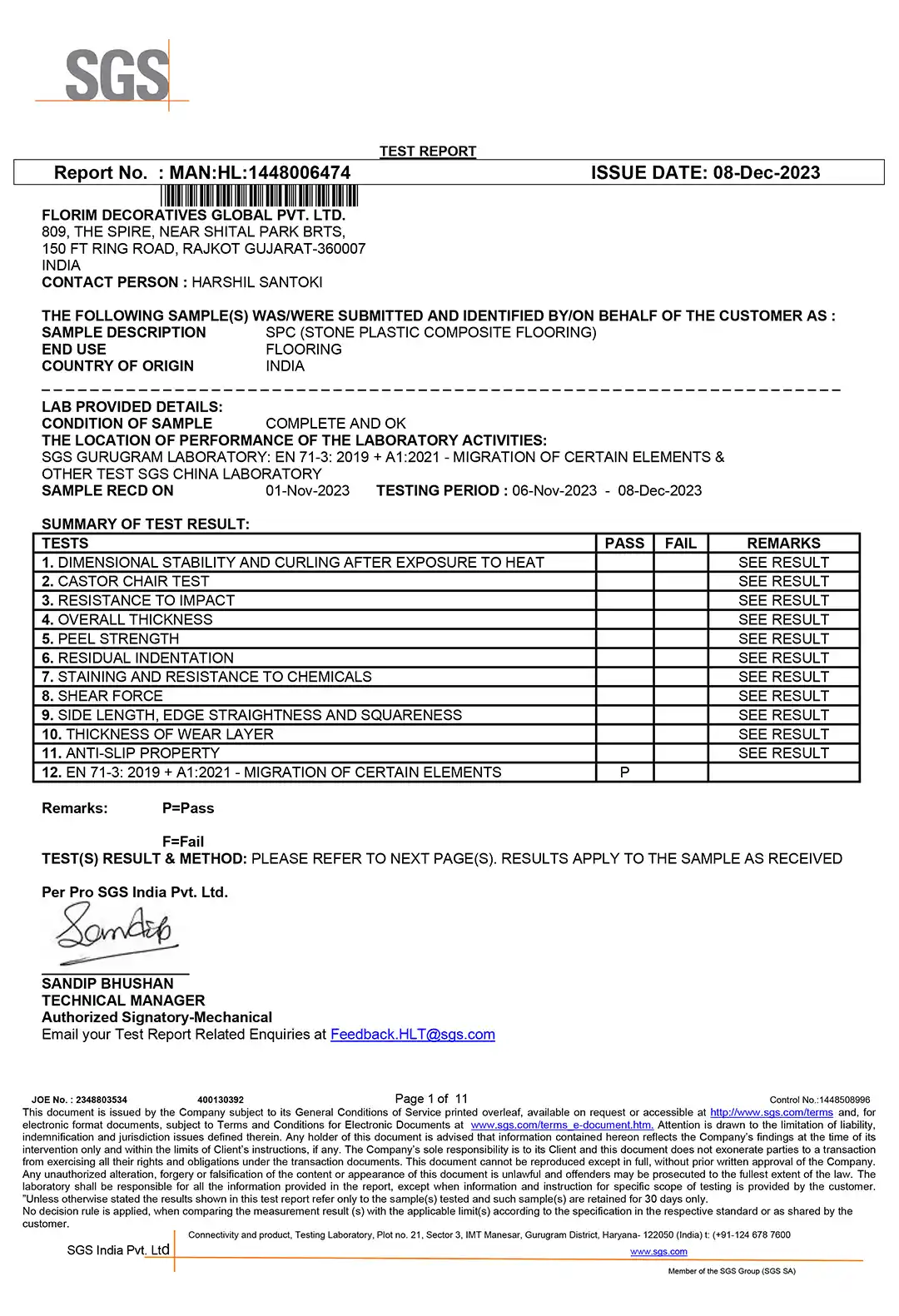 SGS Certificate Madeleine Floors