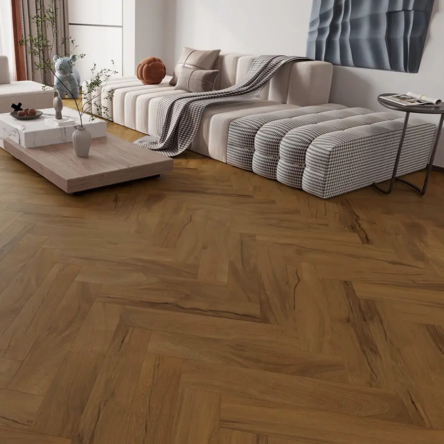 SPC flooring in a stylish herringbone pattern
